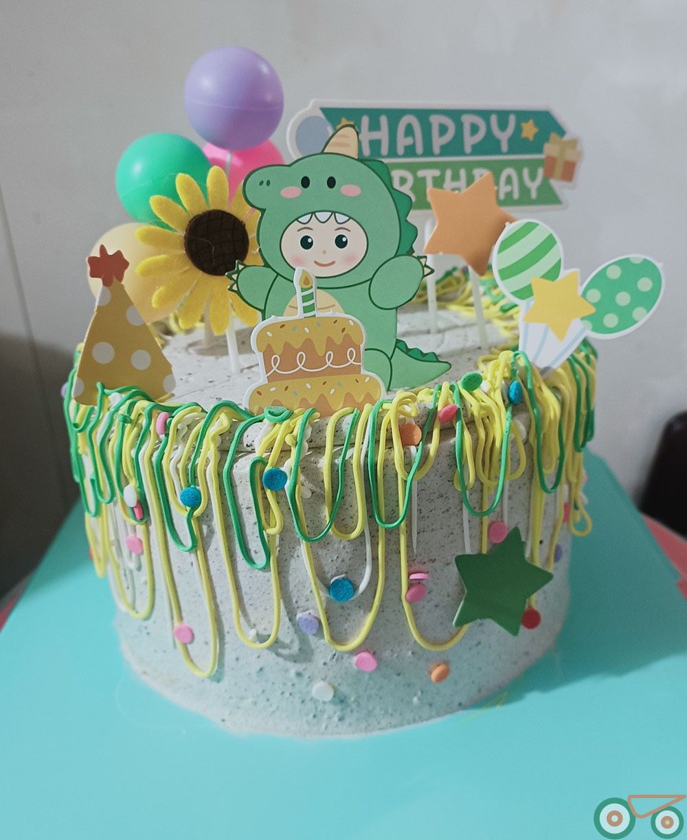 单层生日蛋糕  儿童蛋糕 绿色条纹款 快乐卡天天开心 带夹心 高品质蛋糕